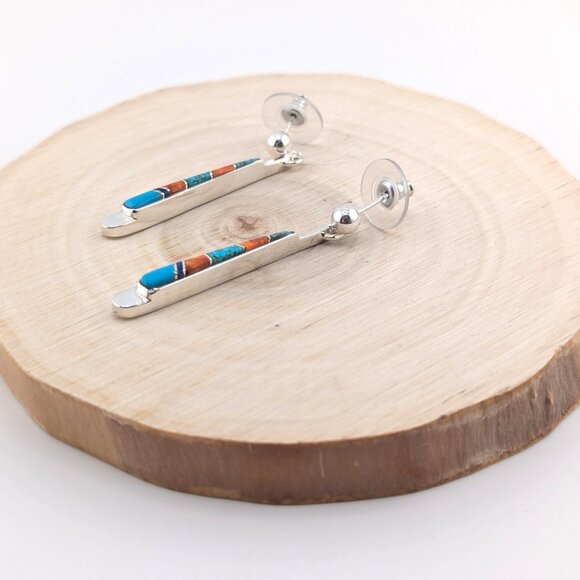 Handcrafted Navajo Sterling Silver Multi Stone Inlay Drop Earrings Jewelry ** - Picture 6 of 10